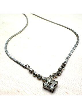 Vintage Art Deco Style Silver-Tone Clear Rhinestone Curb Chain Necklace Pendant